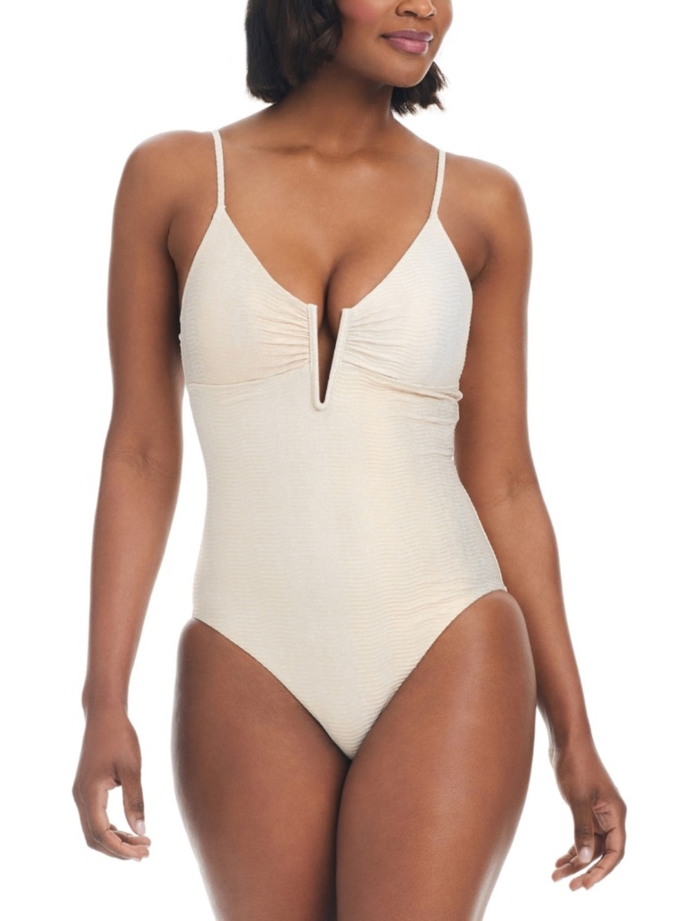 Bar Iii Women's V-Wire Plunge-Neck One-Piece Swimsuit, White/Gold Shimmer